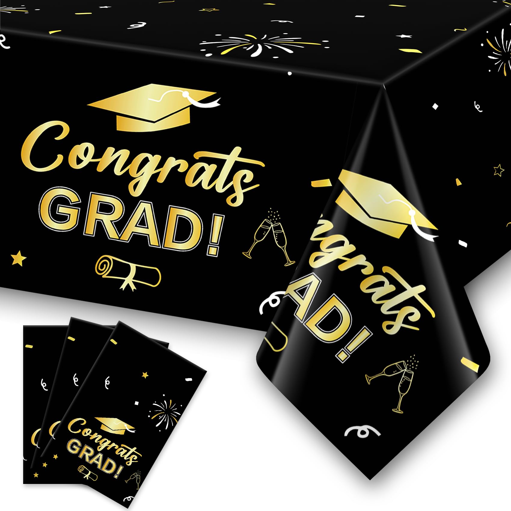 Slergut Graduation Tablecloth 3 Pack, Black and Gold Graduation Decorations 2026, Graduation Party Table Decorations 2026 Large Size Plastic