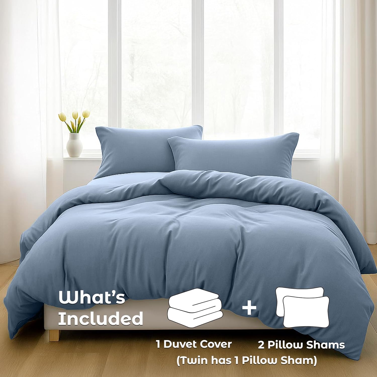 Pure Bedding Duvet Cover Queen Size - 3 Pieces Extra Soft Bedding Set, Includes 1 Duvet Cover 90x90 Inches with Zipper Closure & 2 Pillow Shams, Comforter Not Included, Ash Blue