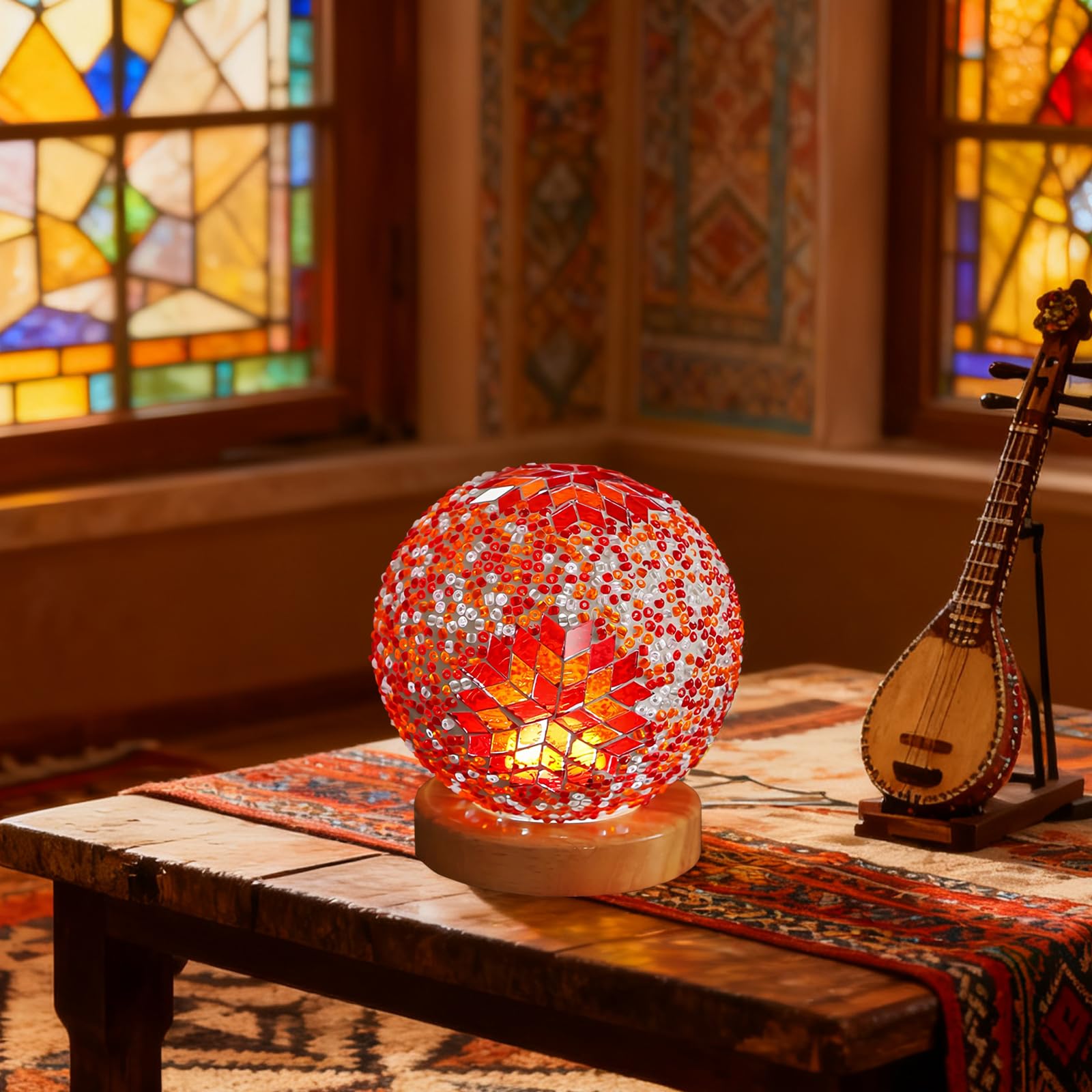 wpdash Bohemian Mosaic Table Lamp Mosaic Glass Lamps with Wooden Base Dimmable Colored Glass Night Light for Ramadan/Eid Holiday Gathering Decoration Unique Housewarming Gift (Boho-Orange, Boho) — image 1