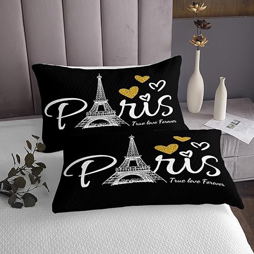 Miniatura 4 de Juego de colcha de la Torre Eiffel de París, juego de colcha de lentejuelas doradas, juego de edredón romántico francés con corazones encantadores,