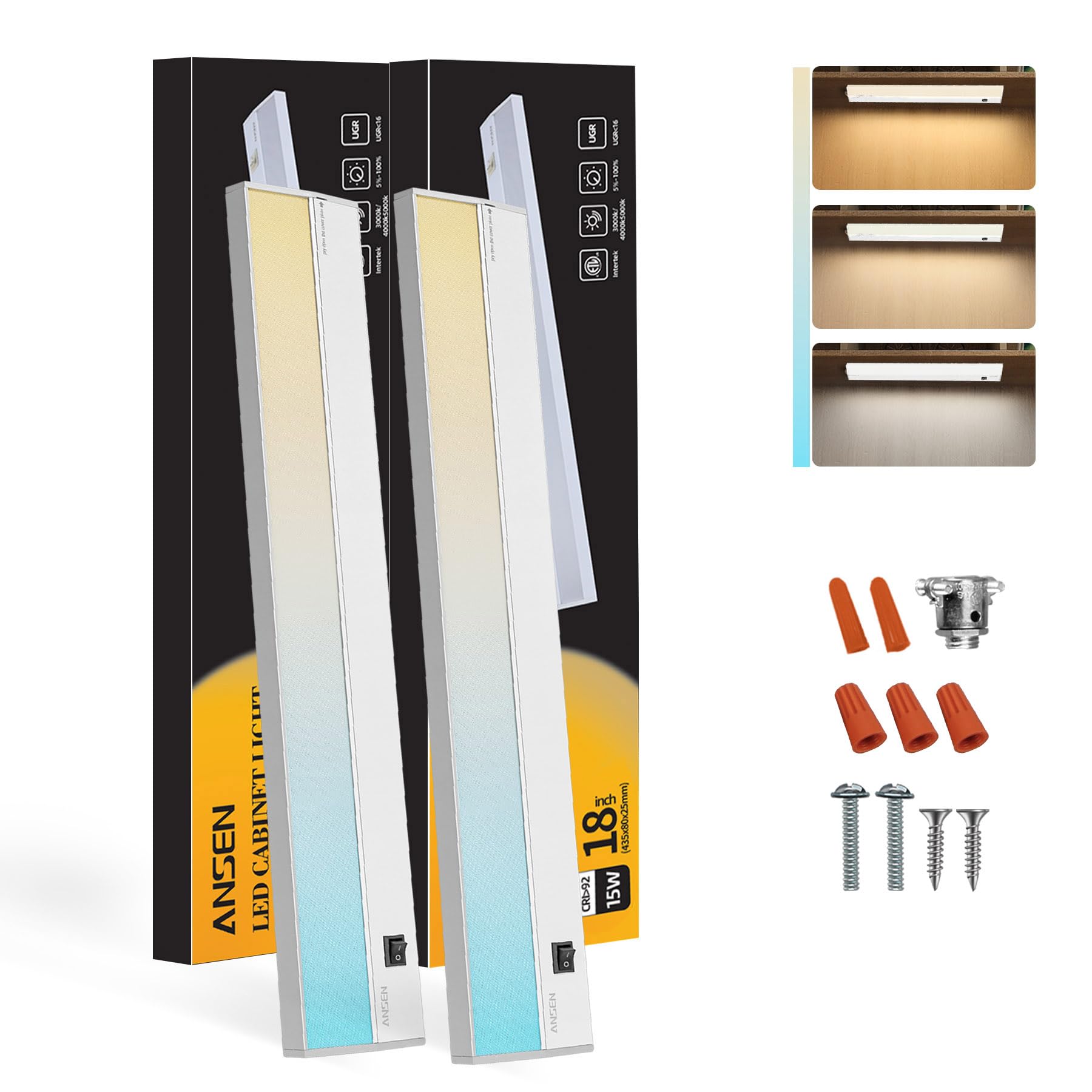 Ansen 2Packs of Under Cabinet Lighting Hardwired, 18in 15W 998LM Dimmable Led Light for Kitchen/Closet, CRI 92+, R9 90+, 3 Color Temperature, 3000K/