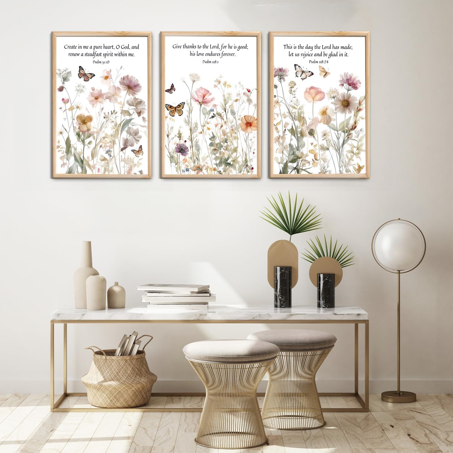 3Pcs Wildflower Bible Verse Wall Art Butterflies And Flowers Posters Prints Bible Verses Picture Painting For Nursery Living Room Bedroom Girls Room Home Decorations 16x24in Unframed