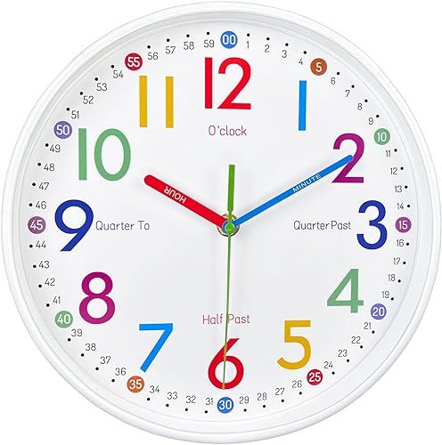 AIRUIFU Reloj de pared para niños, reloj de enseñanza para niños, reloj analógico silencioso para decoración de habitación de niños, reloj de pared