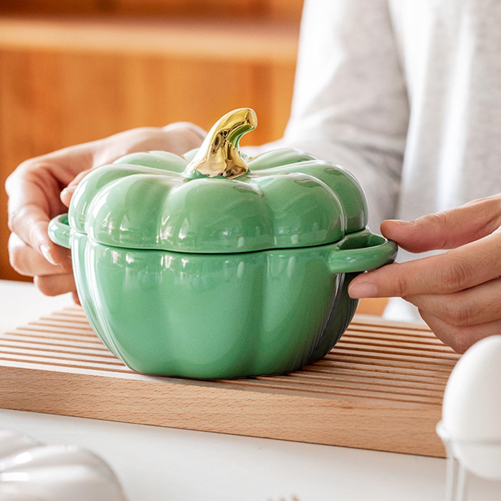 Ceramiczny garnek do duszenia, Rondel, miska do zupy z pokrywką i uchwytem, ​​duża waza serwowania(Green)
