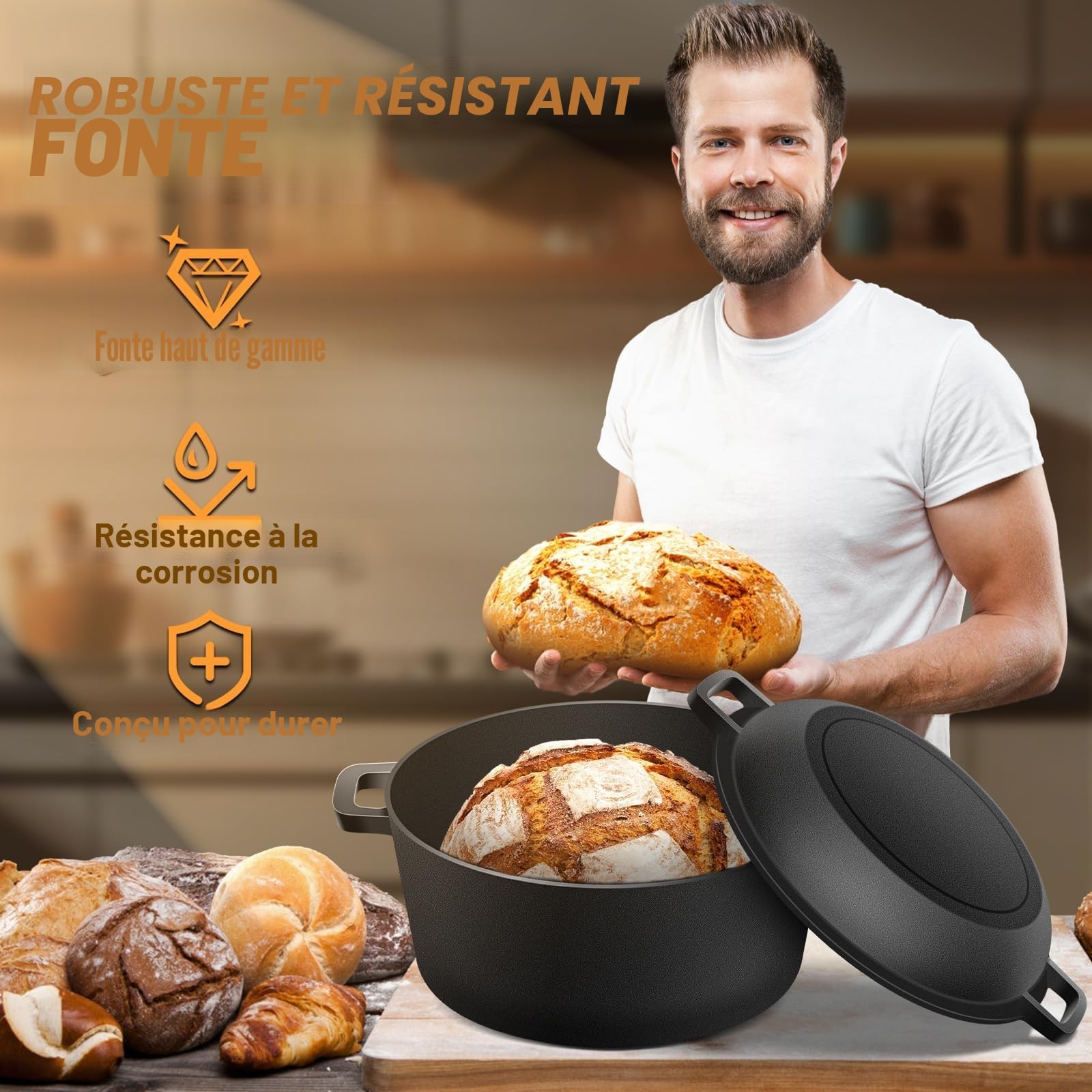 Casserole en Fonte pour la Cuisson du pain, 26cm Cocotte Panier de Levage de Pain Banneton, Matériel de Cuisson de Pain au Levain, Marmite 2 en 1 avec Couvercle de Poêle, Poignées de Poêle, 4.7L