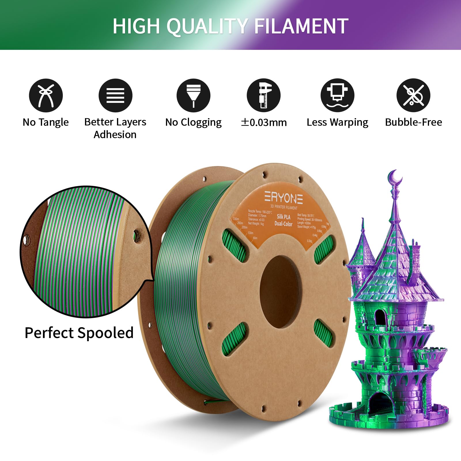 Filamento ERYONE Dual Zweifarbig PLA 1,75 mm, filamento 3D Drucker 1 kg spula +/- 0,03 mm, Viola e verde