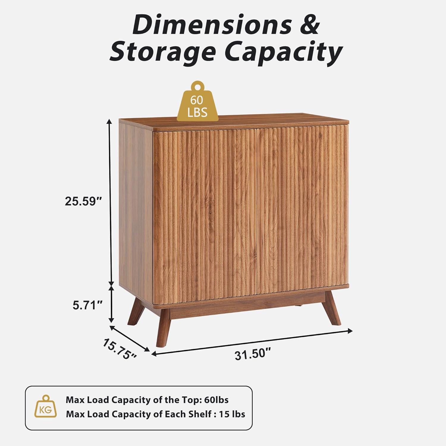 Accent Buffet Cabinet with Adjustable Shelves, Fluted Sideboard Cabinet with 2 Doors, Mid Century Modern Credenza Sideboard Buffet with Storage for Kitchen, Dining Room and Entryway (Walnut)