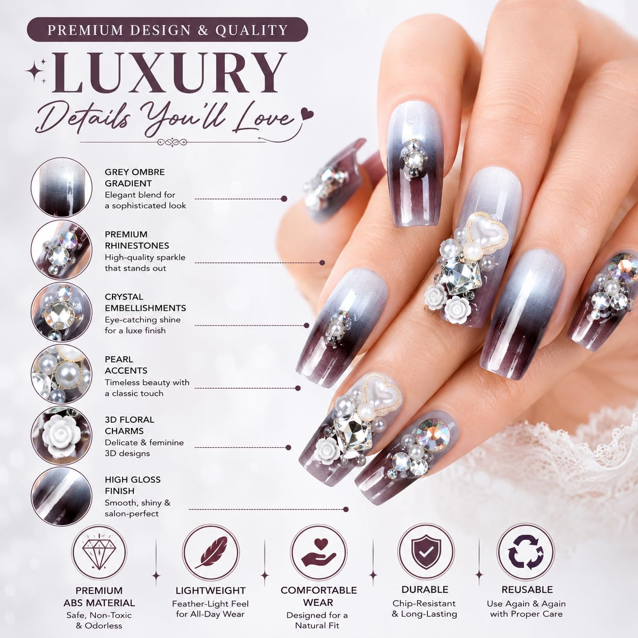 Press On Nails for Women 24 PCS, Grey Ombre Reusable Artificial Nails, Coffin Fake Nails with Crystal Rhinestones, Pearl & 3D Flower Design, Glossy Full Cover Nail Extensions, Premium ABS 3
