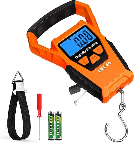 HEETA Báscula de pescado digital impermeable con pantalla LCD retroiluminada, 110 libras 110.2 lbs, báscula portátil para colgar para el hogar y el