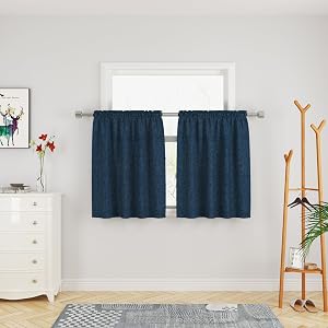 Short Curtains 36 inches Long Linen Textured Privacy Kitchen Tier Curtains Navy Blue Half Window Curtains Cafe Bathroom Basement Small Mini Curtain Panels Rod Pocket 2 Pieces 27"x36"