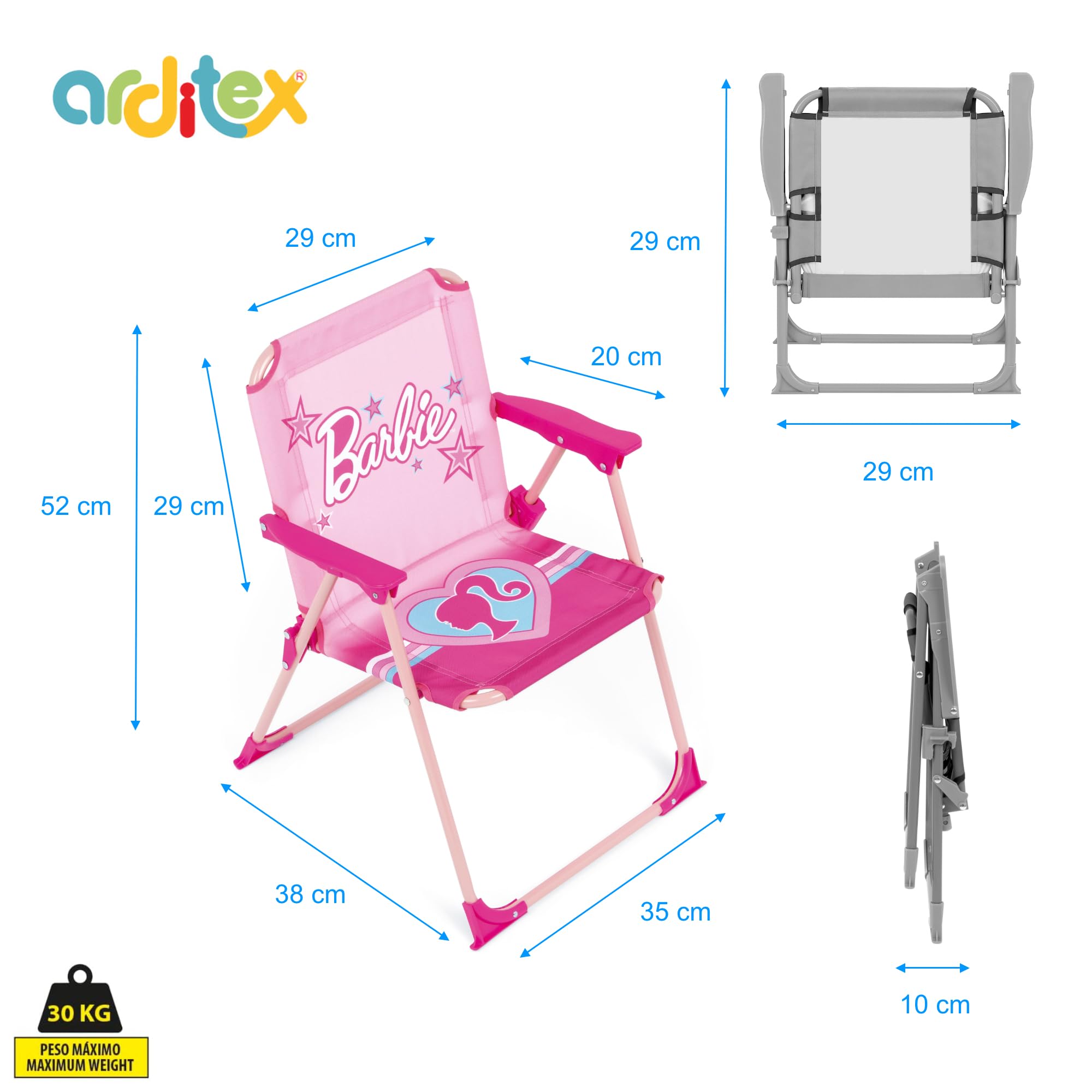 ARDITEX Silla Plegable con Brazos de Barbie - 38x32x53cm - Adecuado para jardín, Camping, Playa o montaña - Ideal para niños y niñas.