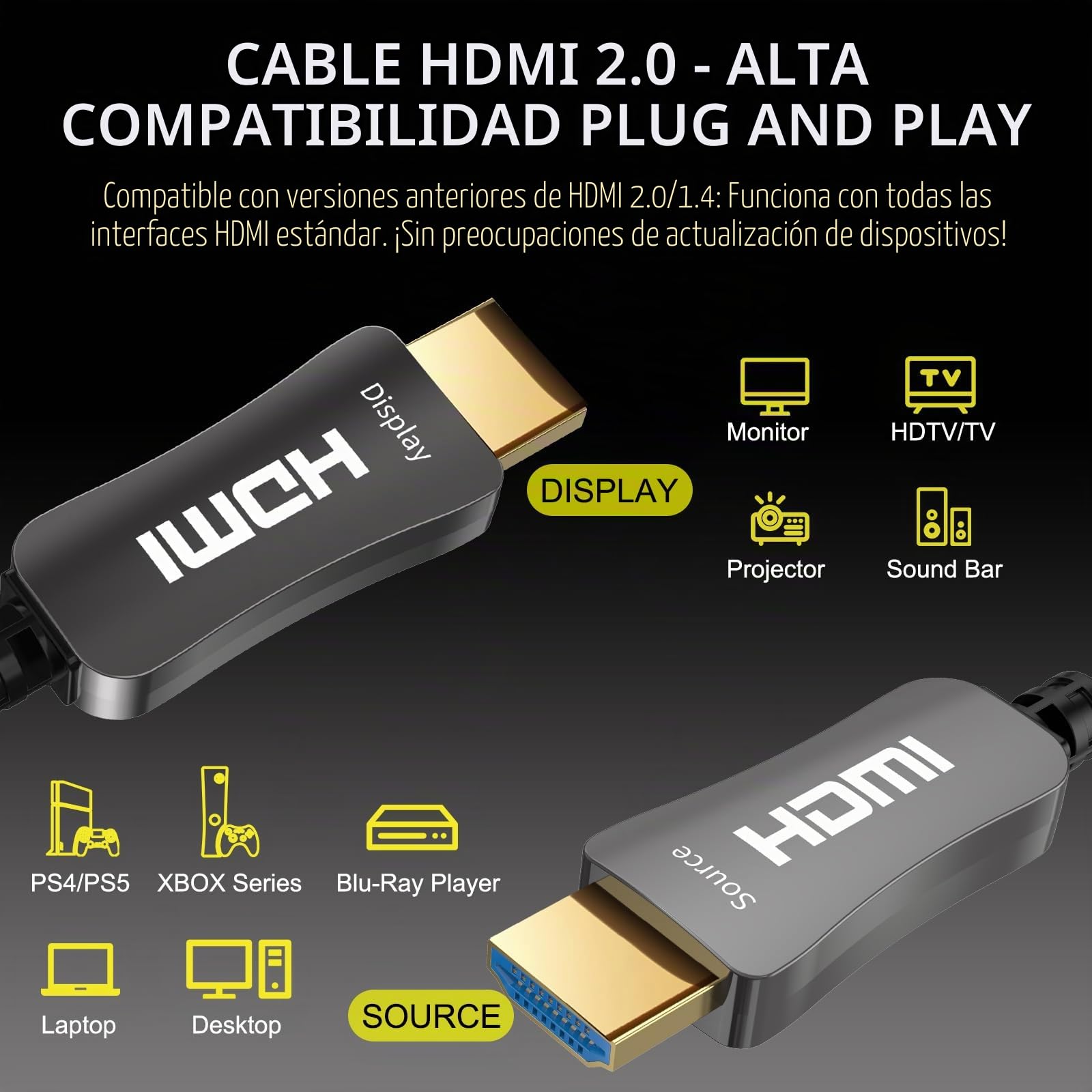 Cable HDMI Fibra Óptica - 15m, Cable HDMI 4k Compatible con UHD 4K@60Hz HDR, YUV 4:4:4 8bit, Alta Velocidad 18Gbps, Ethernet, 3D, ARC, HDCP 2.2