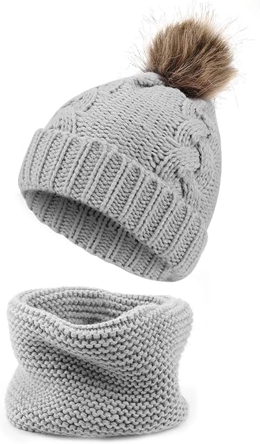 TAGVO Winter Kids Knitted Beanie Hat Circle Scarf Set, Elastic Soft Warm Toddler Beanie Cap with Neck Warmer for Baby Childrens Girls Boys