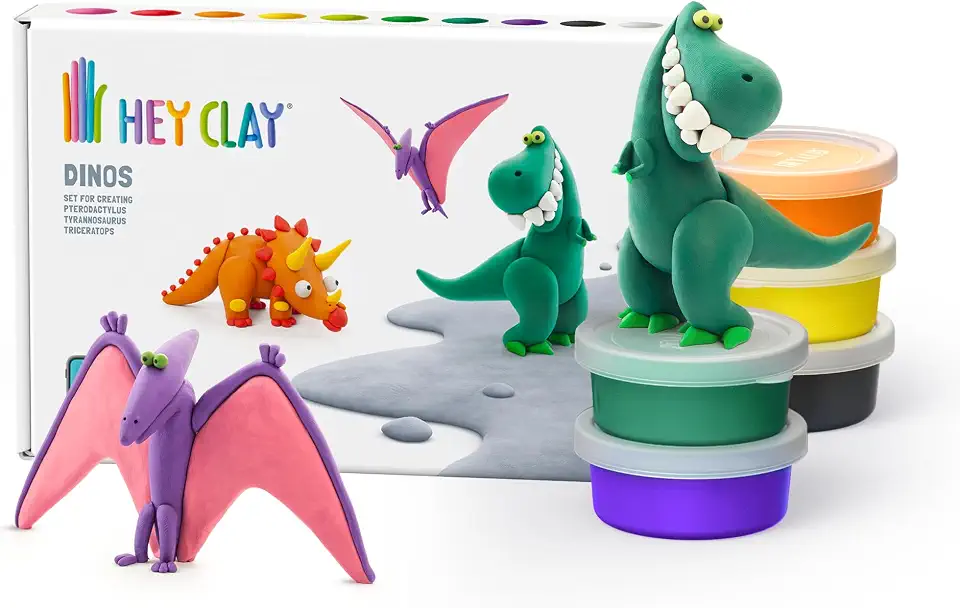 HEY CLAY -DIY Dinos: Pterodactylus, Triceratops, Tyrannosaurus Plastic Creative Modelling Air-Dry Clay For Kids 6 Cans