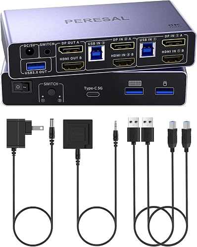PERESAL HDMI2.1+DP1.4 KVM Switch 8K60Hz 4K120Hz, 2 Monitors 2 Conputers, Share M