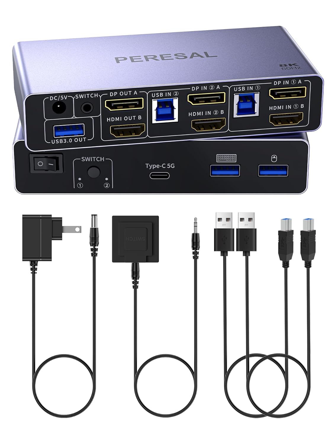 HDMI2.1+DP1.4 KVM Switch 8K60Hz 4K120Hz, 2 Monitors 2 Conputers, Share Mouse and Keyboard, U-Disk, Printer, 3 USB3.0 Ports 1 USB-C/Type-c Port 5Gbps