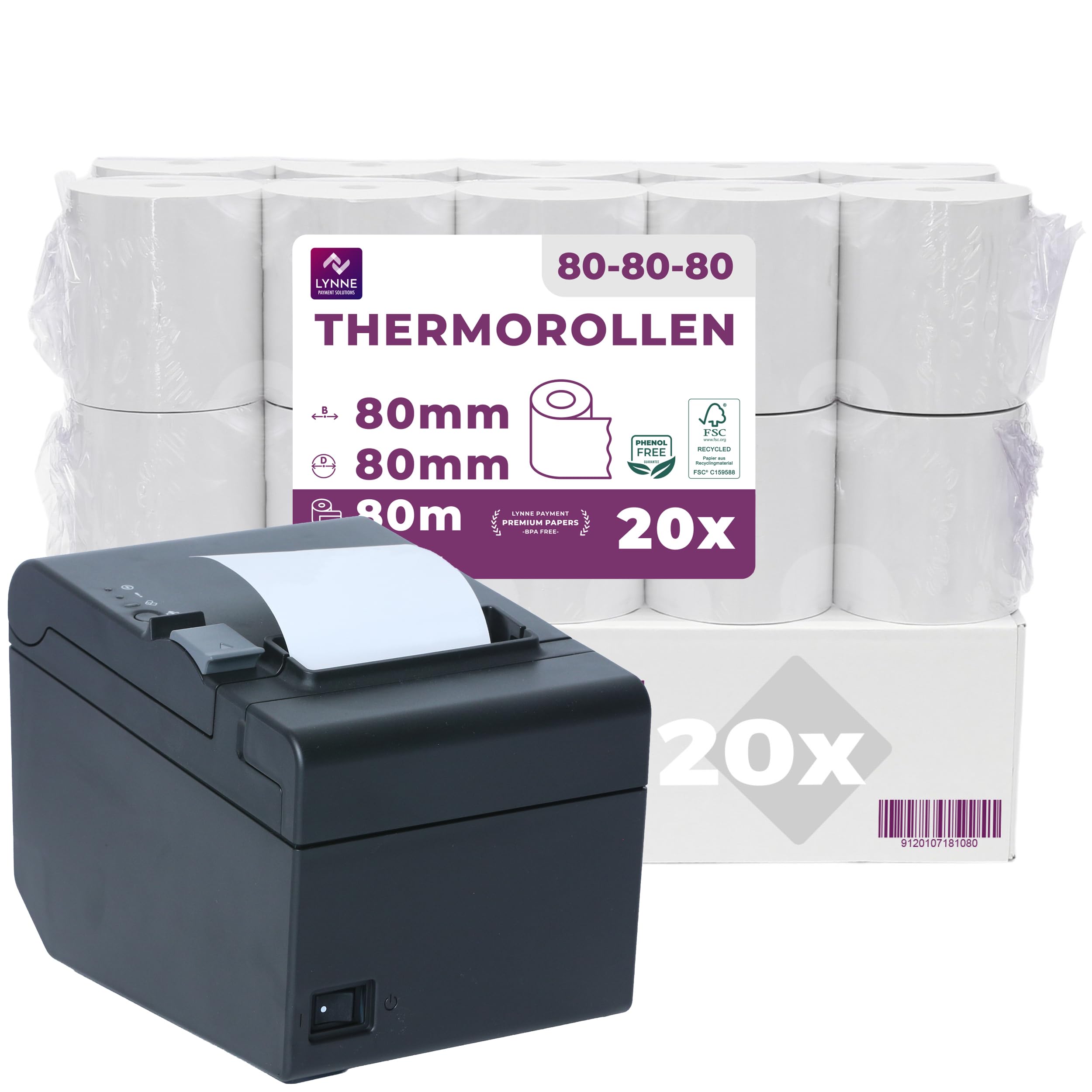 Thermorollen 80mm x 80m x 12mm - Kassenrollen - Bonrollen für Registrierkasse - Bondrucker - Thermopapier – BPA Frei (20 Rollen)