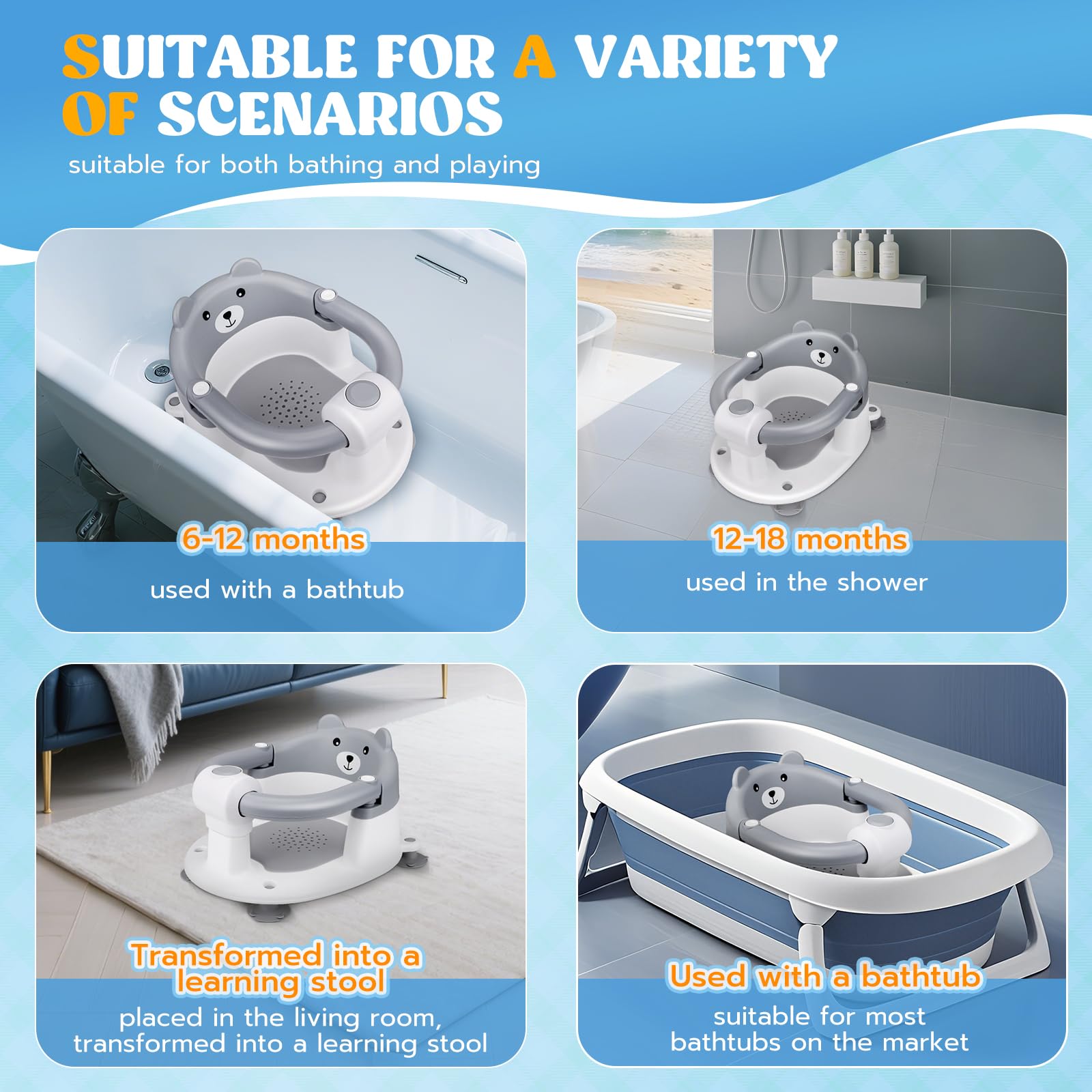 baby-badewannensitz Babybadsitz, stabiler Babybadsitz mit 4 Saugtaschen, tragbarer Badestuhl für Dusche oder Badewanne, ergonomischer Babybadsitz geeignet von 6 bis 24 Monaten