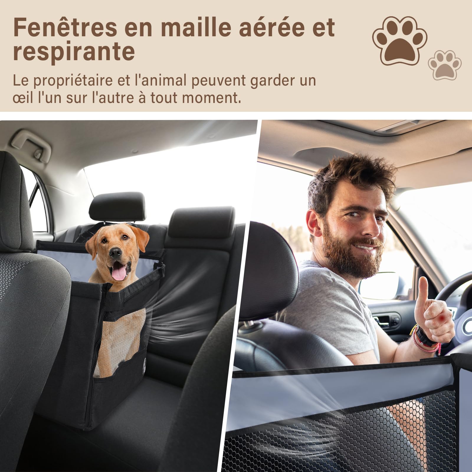 Siège Auto Chien Sécurisé, Panier Voiture Chien Confortable, Protection Voiture Chiens avec Fenêtre Aérée, Sangle Réglable, Compatible avec Tous Véhicules (49x49x38cm)