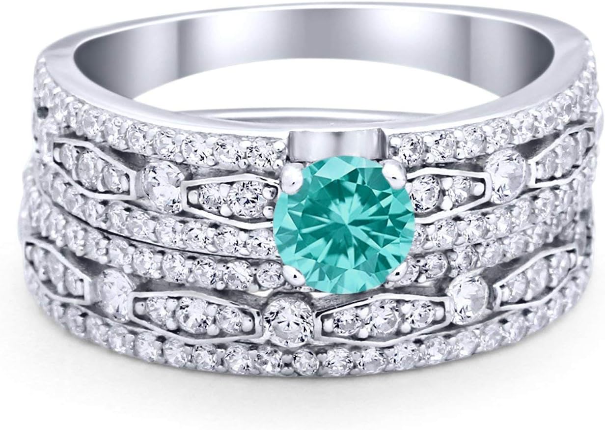 Blue Apple Co. Art Deco Two Piece Bridal Set Wedding Engagement Ring Vintage Style Band Round Simulated Cubic Zirconia 925 Sterling Silver