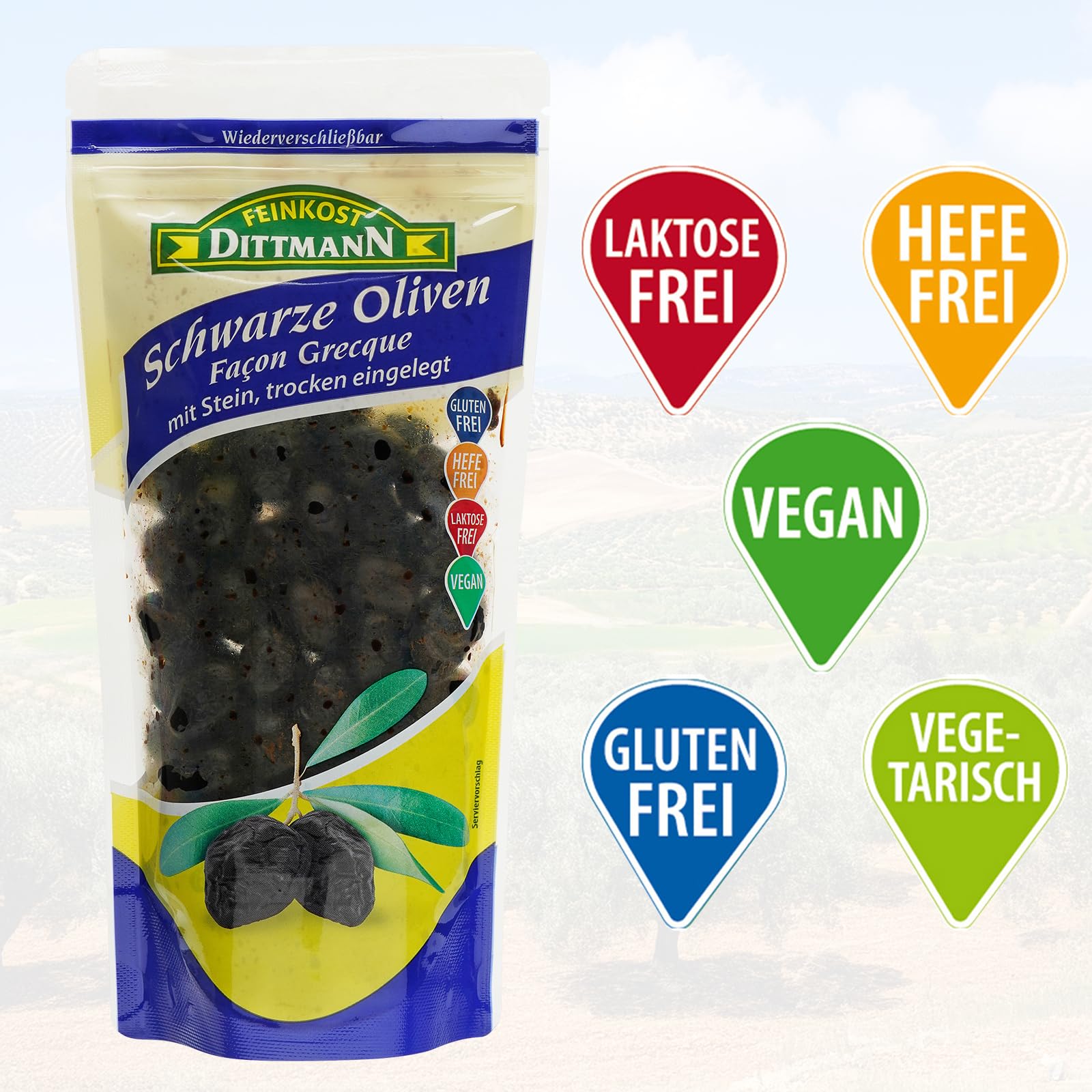 Feinkost Dittmann Naturgereifte Oliven Schwarz Facon Greque mit Steinn 250g | Wiederverschließbarer Standbeutel, 10er Pack - Trocken eingelegte Schwarze Olivenfrucht - Ideal für Tapas, als Snack uvm.