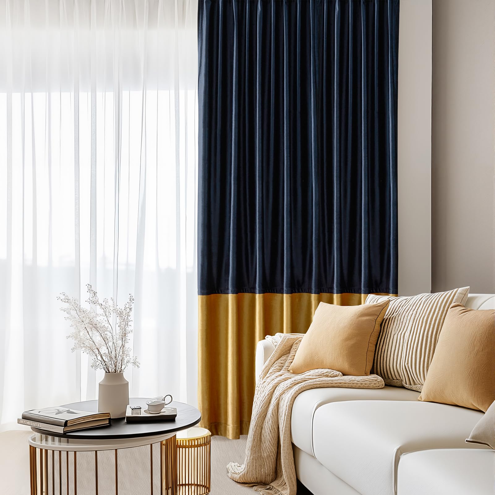 Samtvorhänge für Wohnzimmer, Marineblau, Gold, 160 cm lang, 2 Paneele, Verdunkelungsvorhänge, Moderne Farbblock-Rückseite, Schlaufentasche, schalldichte Vorhänge für Schlafzimmer, Fensterdekoration