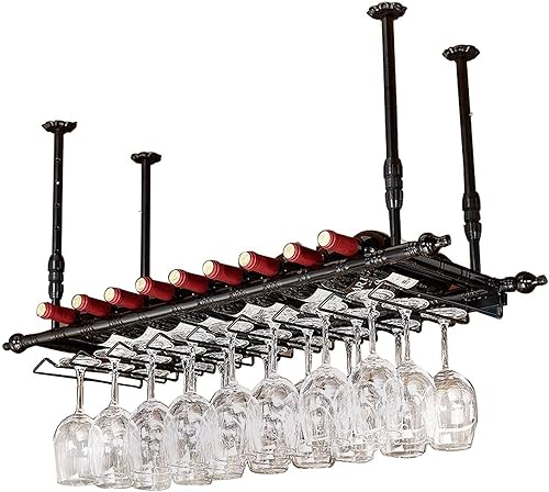 Industrial Vintage Hanging Wine Rack with Adjustable Metal Ceiling Mount, 2-Tier Bar Shelf, 60120cm, Black(Type D,120 * 30cm)