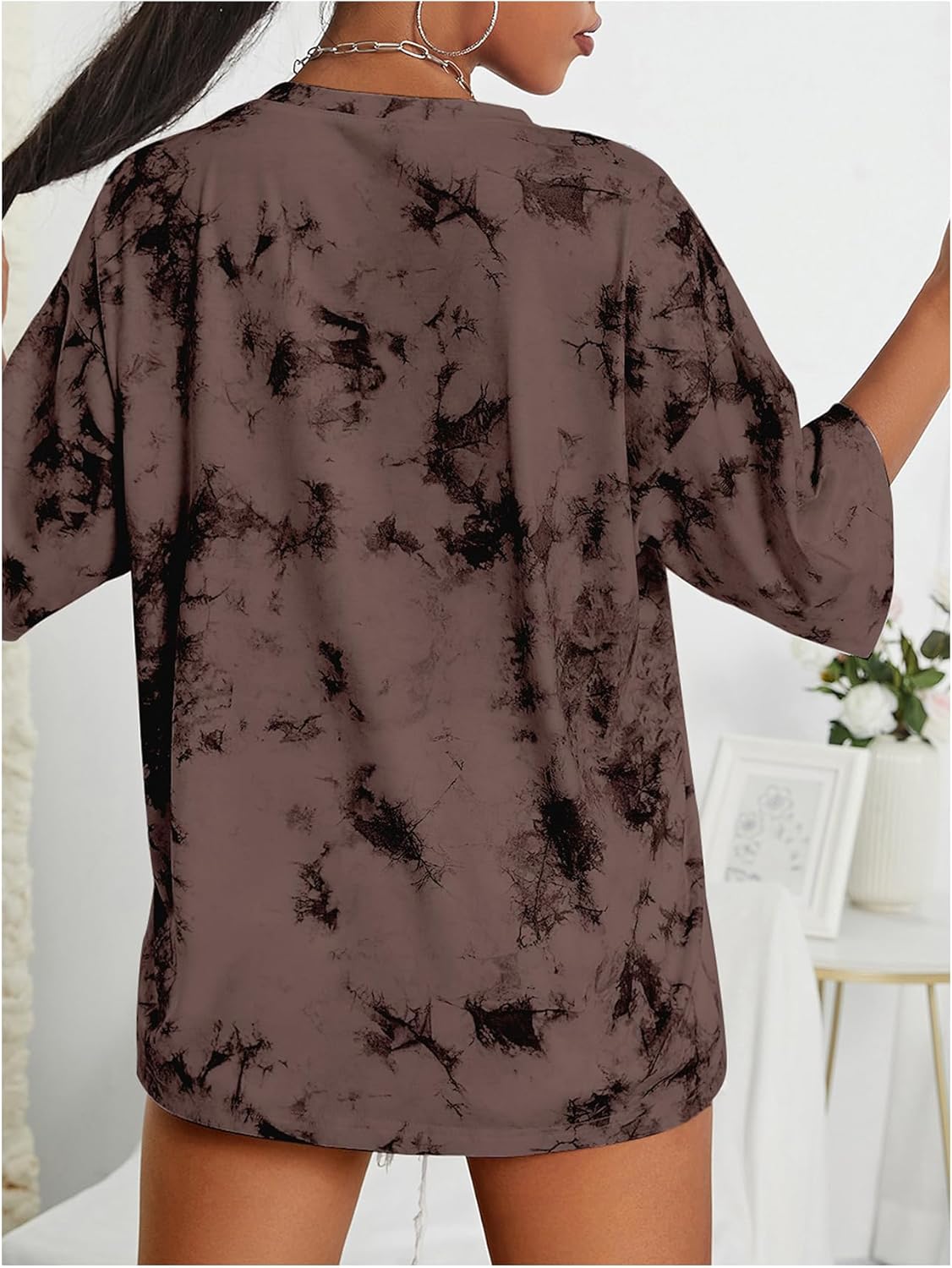 SHENHE Women's Oversized Tie Dye Shirt Crew Neck Short Sleeve Summer Gym Casual Top Tee - Image 3