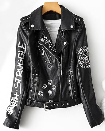 LY VAREY LIN Women's Print Faux Leather Punk Jacket Biker Motorcycle Jacket with Belt
