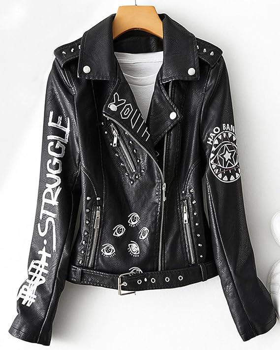 LY VAREY LIN Women's Print Faux Leather Punk Jacket Biker Motorcycle Jacket with Belt