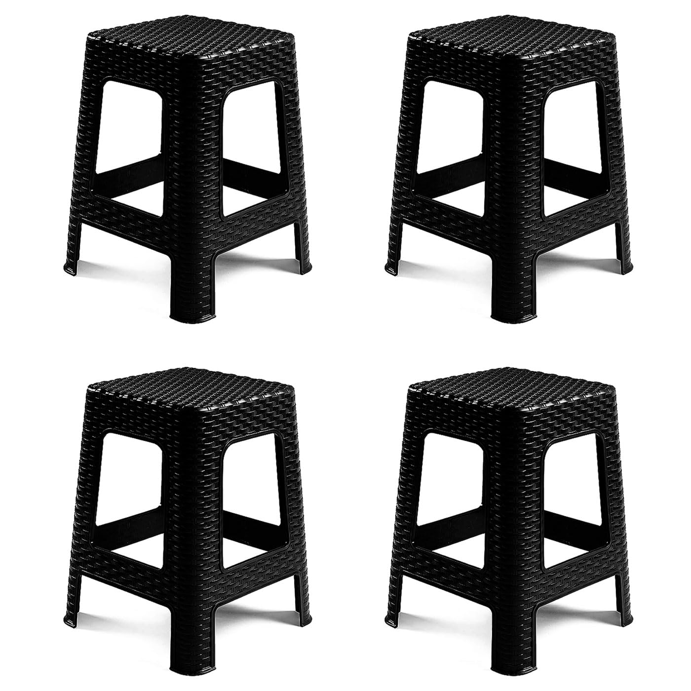 Tradineur Sgabello in Plastica con Manico Rattan, Seduta 28 x 28 cm, Imitazione di vimini, Panca Multiuso, Cucina, Soggiorno, 45,5 x 36,7 x 36,7 cm