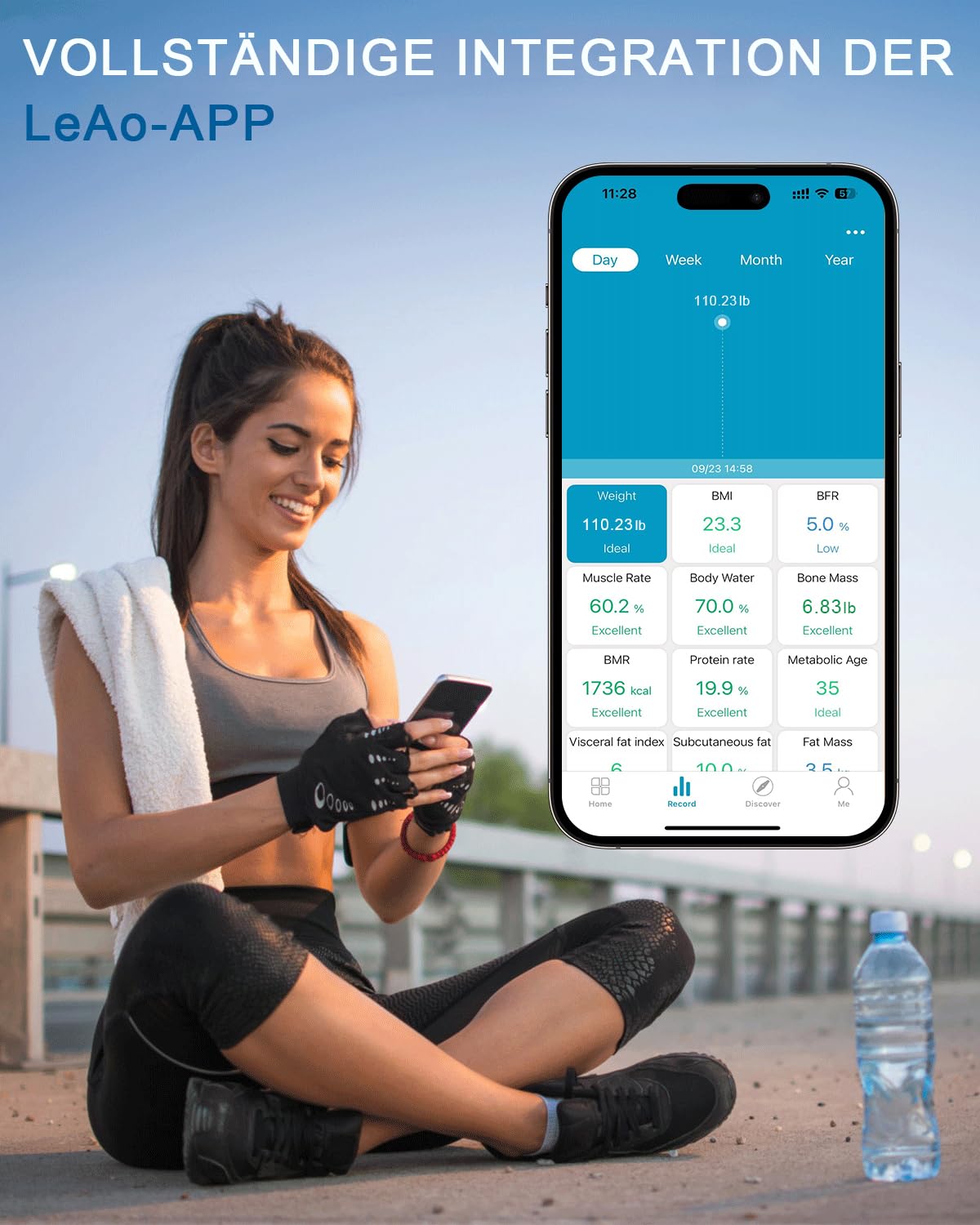 Bluetooth Körperfettwaage mit App – Präzise Personenwaage bis 180 kg, Digitale Anzeige, BMI & Muskelanalyse, 18 Körperwerte, kompatibel mit LeAo Health
