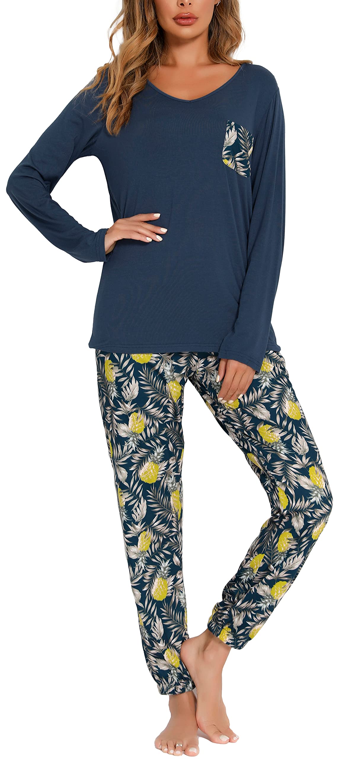 Lovasy Pigiama Donna Manica Lunga Pantaloni Lunghi Casual Scollo a V Top con Motivo a Pois Carino con Tasca Due Pezzi