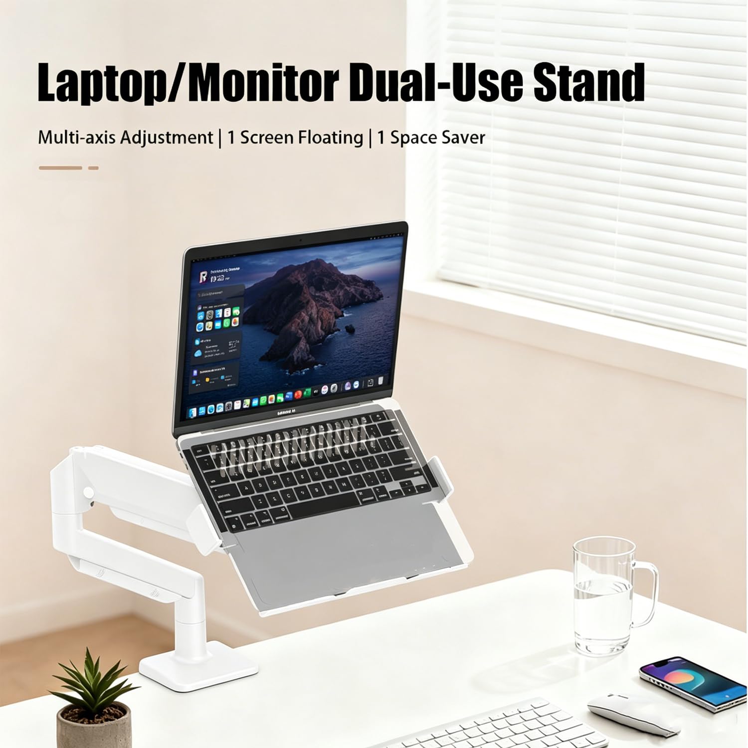 Braccio Monitor Scrivania,Supporto Per Monitor 2 In 1 Con Vassoio, Capacità Fino a 10 Kg, Altezza Regolabile,Compatibile Con Laptop Fino a 17 Pollici, Braccio Per Scrivania Con Morsetto/Foro,bianco