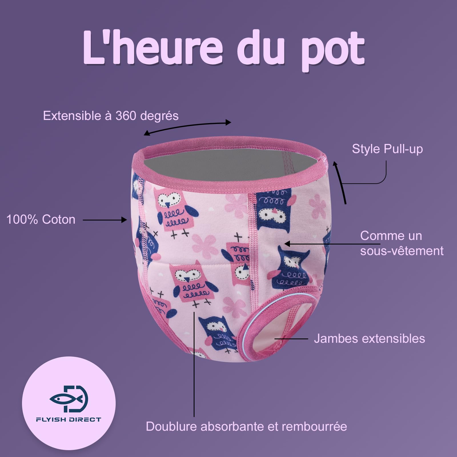 FLYISH DIRECT Culottes d'apprentissage pour Filles et Garçons 100% coton, Absorbantes Culottes Enfant Apprentissage, Anti-fuite, Réutilisables, Lot de 10, Rose Violet, 2 ans
