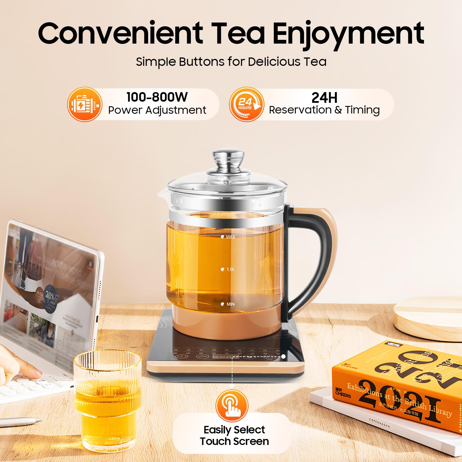 1.8L Multifunctional Glass Kettle, Electric Health Pot with Tea Infuser Steamed Egg Holder, Temperature Control, Timing, Automatic Shut Off ? Memory Fuction, 800W