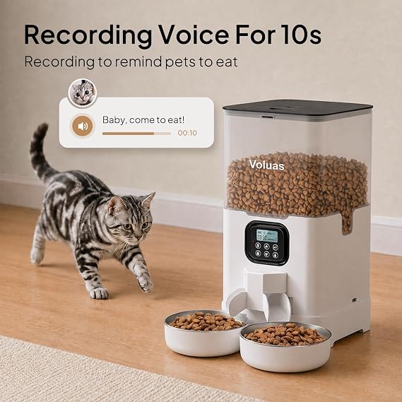 VOLUAS Automatic Cat Feeder for Two Cats with Dual Stainless Bowls, 6L
