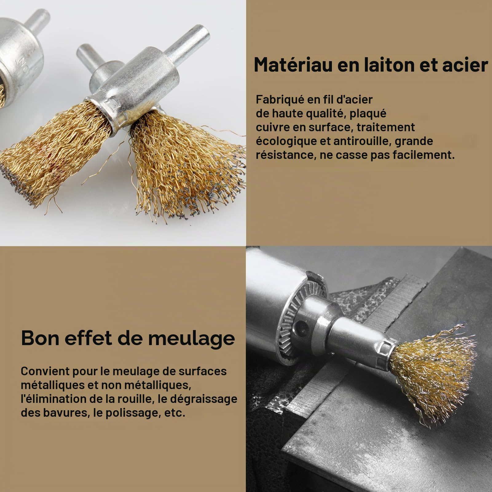 ATOPLEE Lot de 30 brosses métalliques revêtues de laiton avec tige de 6,35 mm, 6 tailles de brosses métalliques pour enlever la rouille, la corrosion, la peinture
