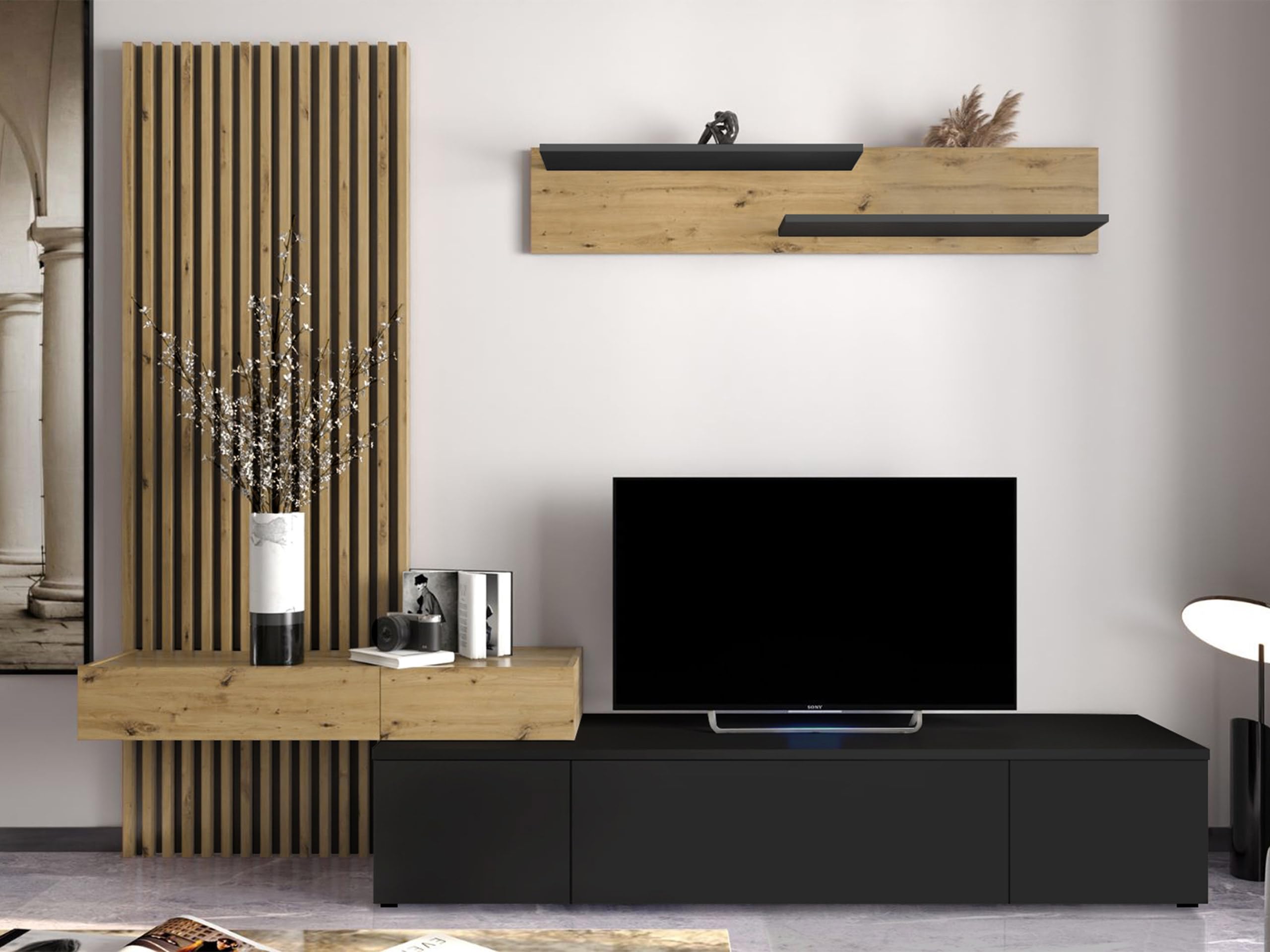 Mirjan24 Wohnwand Rakle Plus, Wohnmöbel, Elegante Wohnzimmer-Set mit dekorative Lamellen, Griffloses Öffnungssystem, Wohnzimmer Kollektion, Stilvolles TV-Lowboard (Schwarz/Artisan Eiche)