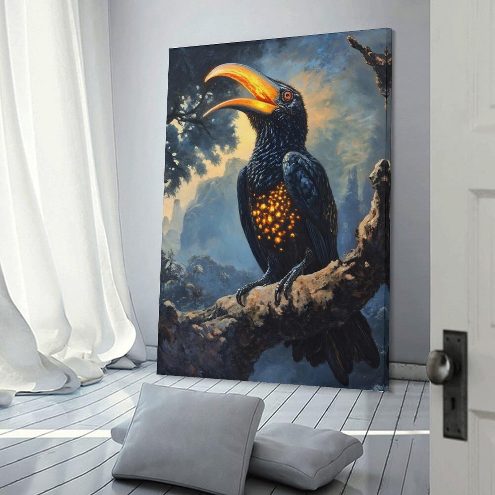 Junmoney Frame-Style-1 Glowing Bird On Branch Canvas Wall Decor, 08X12inch(20X30cm), For Wall Displays, Bedrooms Or Room Updates, Wall Decor Suited To Curated Displays