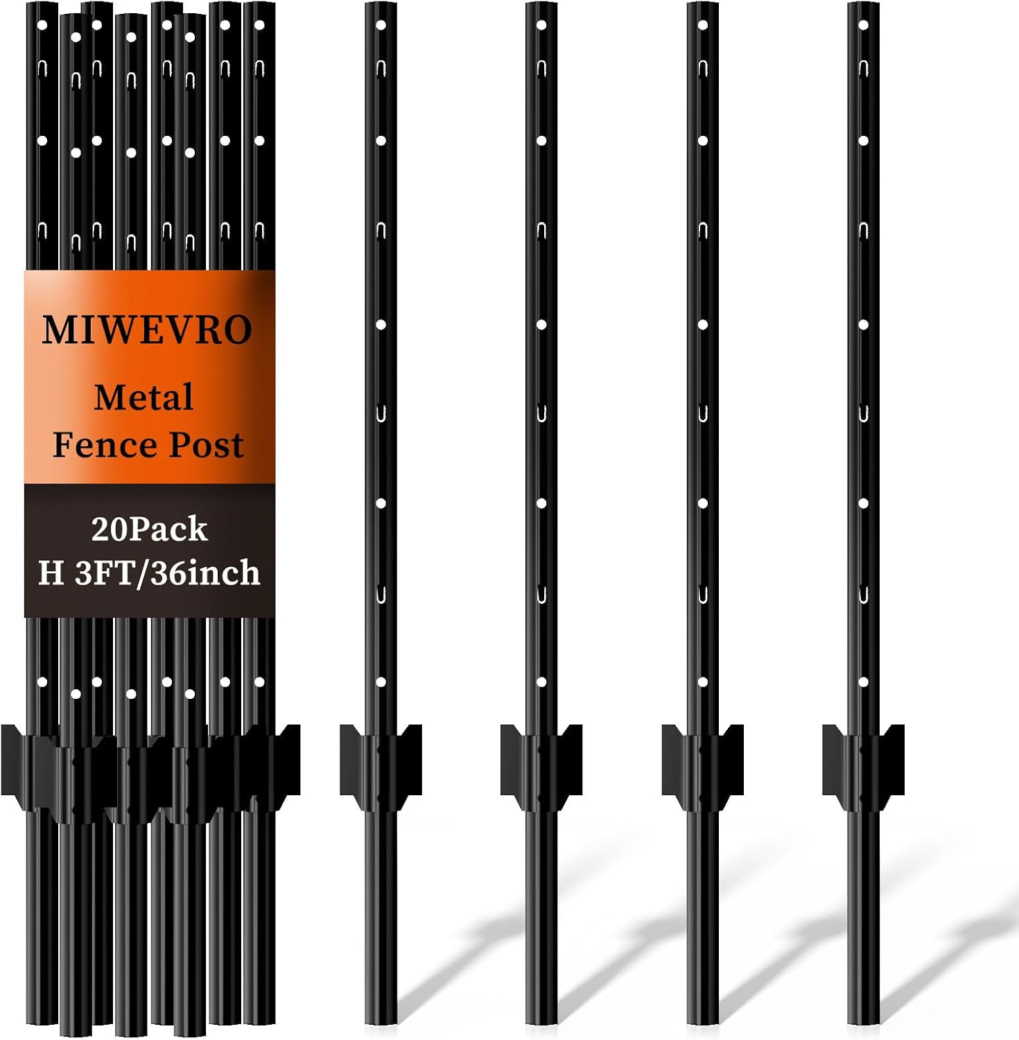 20 Pack Garden Fence Post, 3 Feet Heavy Duty Metal U-Post for Wire Fence, No Dig Garden Fence Stakes for Temporary Fencing, Electric Fence Wire, Corner Anchor, and More-Black