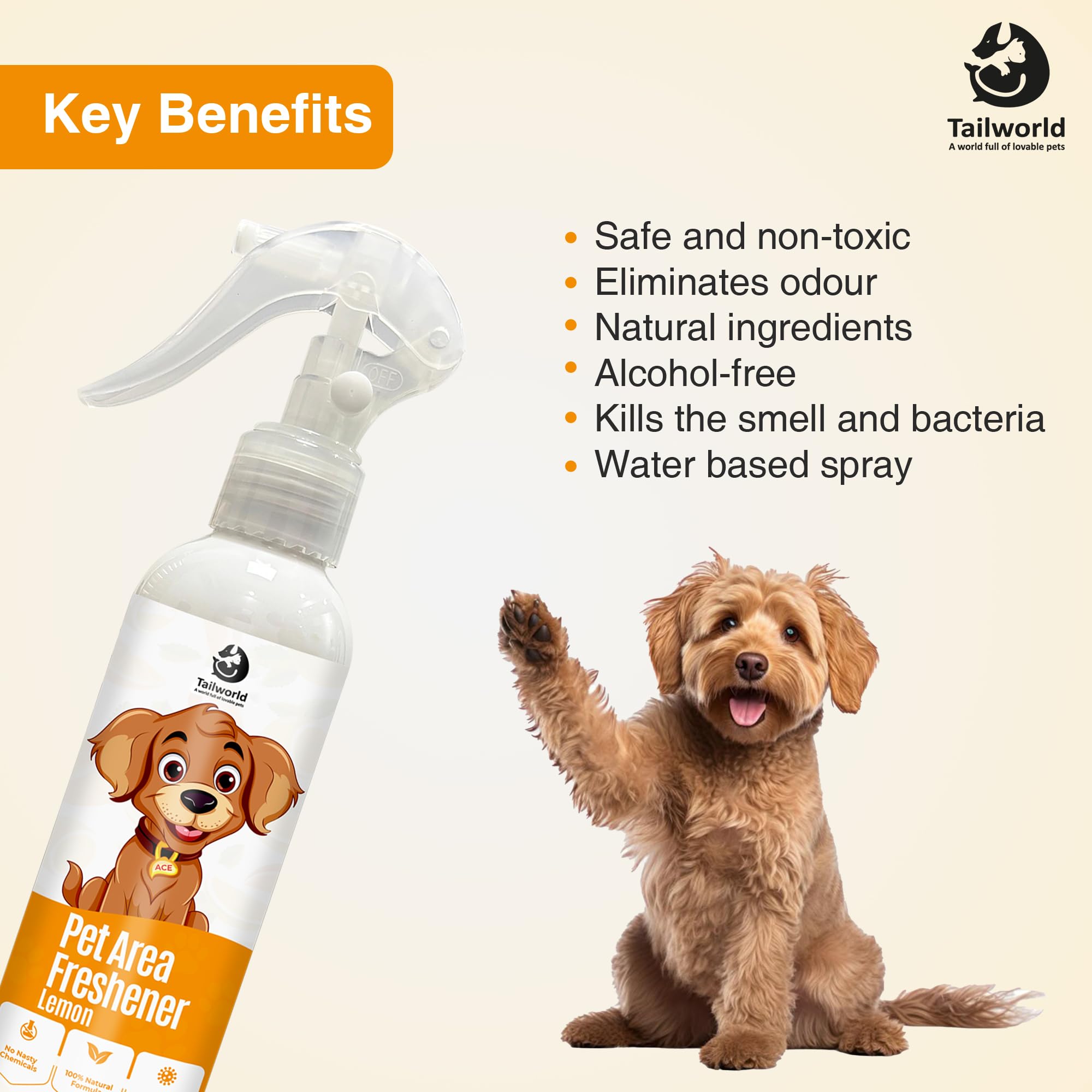 Tailworld Pet Area Freshener & Odour Remover Spray (200ml) | Eliminates Urine Smell, Safe for Pets & Home | Eco-Friendly Deodorizer for Floors, Carpets & Furniture (Lemon) 2