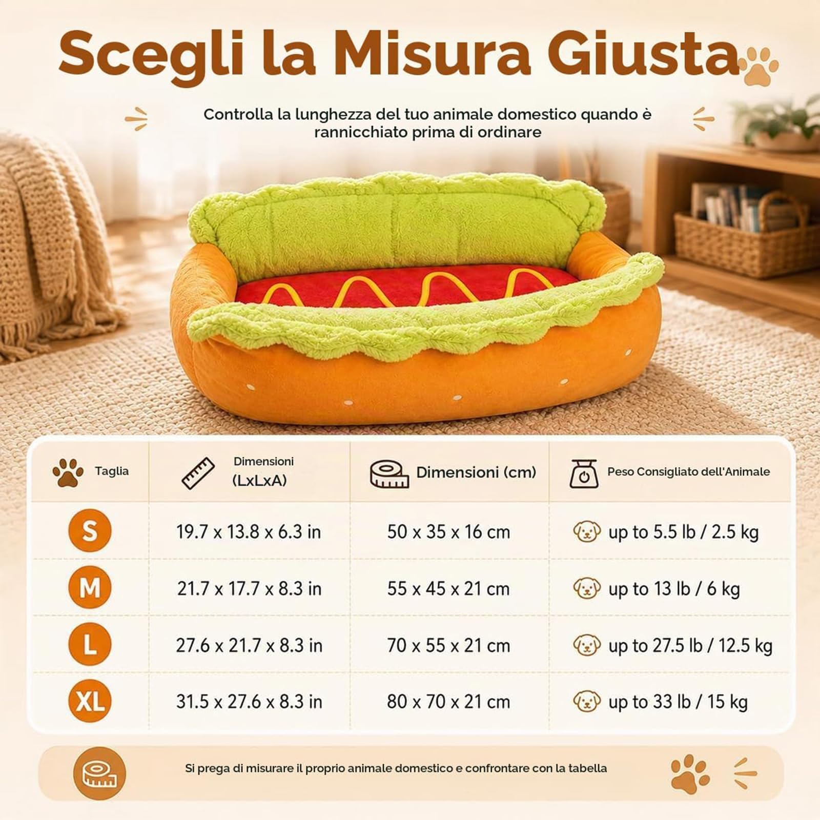 ZVD Cuccia per Cani e Gatti Forma Hot Dog, Lavabile Tappetino Rimovibile | Imbottitura Morbida Antistress, Design Originale Decorativo, Facile Da Riporre, Garantisce Sonno Tranquillo