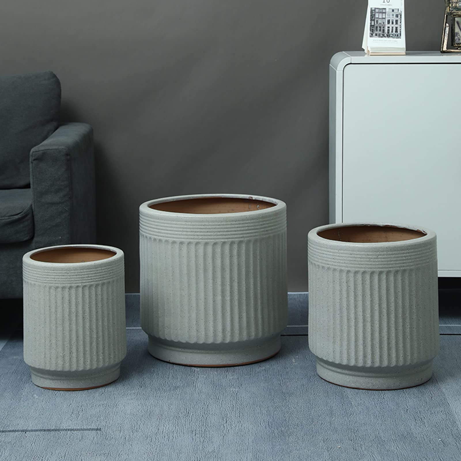 Vasi da Giardino Vasi cilindrici per Piante in Ceramica, fioriere a Strisce Verticali Vasi per Piante per Interni Esterni con Foro di drenaggio e Vassoio in plastica