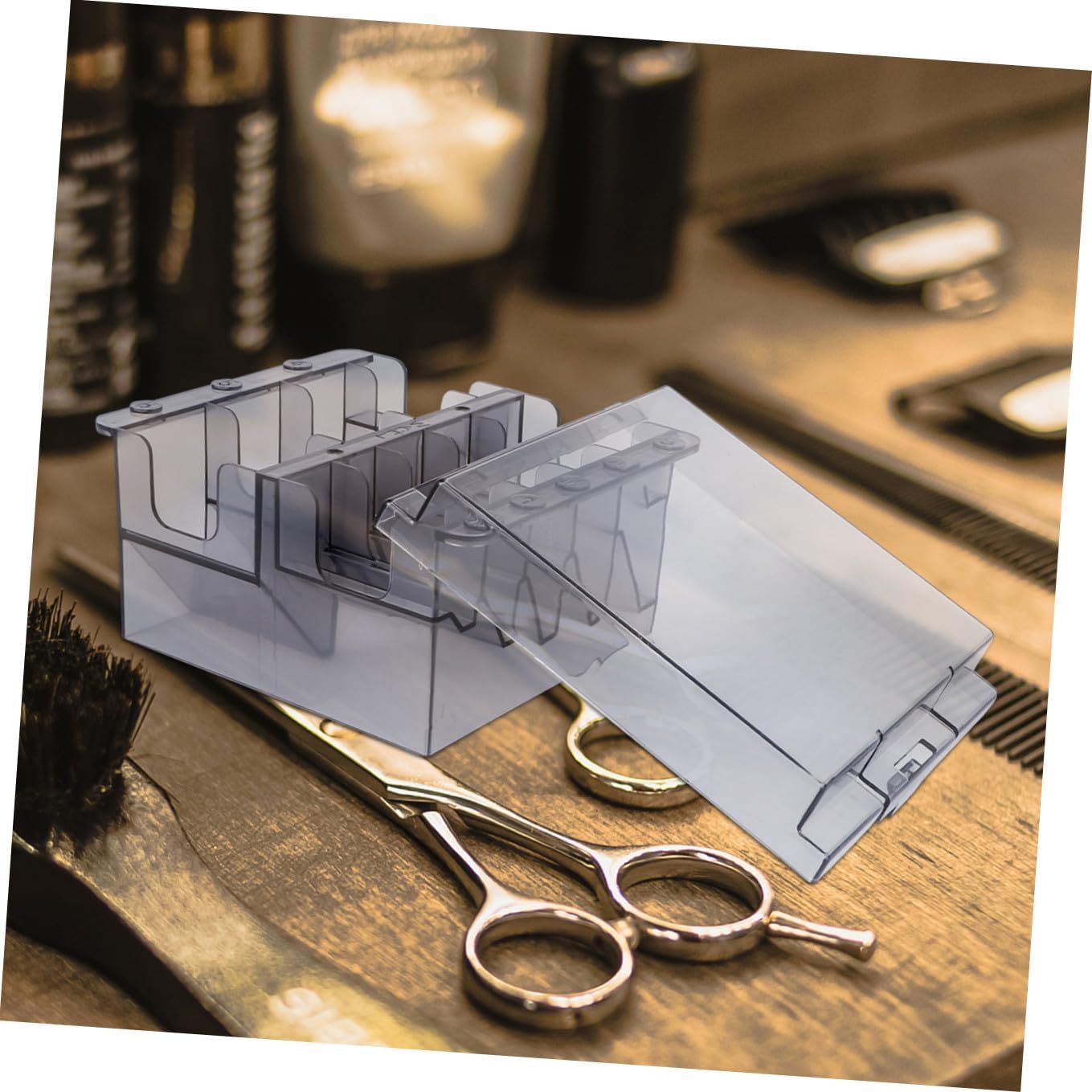 VICASKY 1pc Plastic Comb Storage Box for Hairdressers Desktop Organizer Slots for Clipper Guards Container for Barbershop and Salon Use