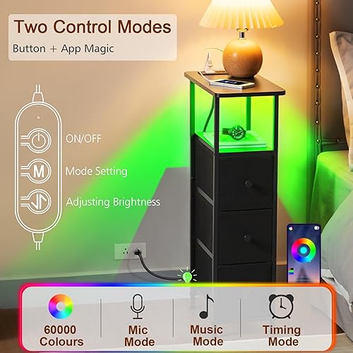 Miniatura 5 de HETNDP03LBK - Juego de 2 mesas auxiliares estrechas con estación de carga, mesa auxiliar delgada con cajones de tela, mesita de noche LED delgada
