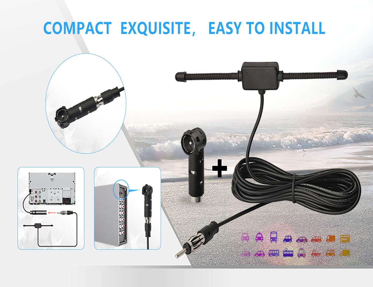 Eightwood FM Antenna Universale Autoradio Amplificata Interna Autoadesive Camion Parabrezza Adattatore DIN con Cavo 300cm Stereo Adattatore DIN 41585 to ISO