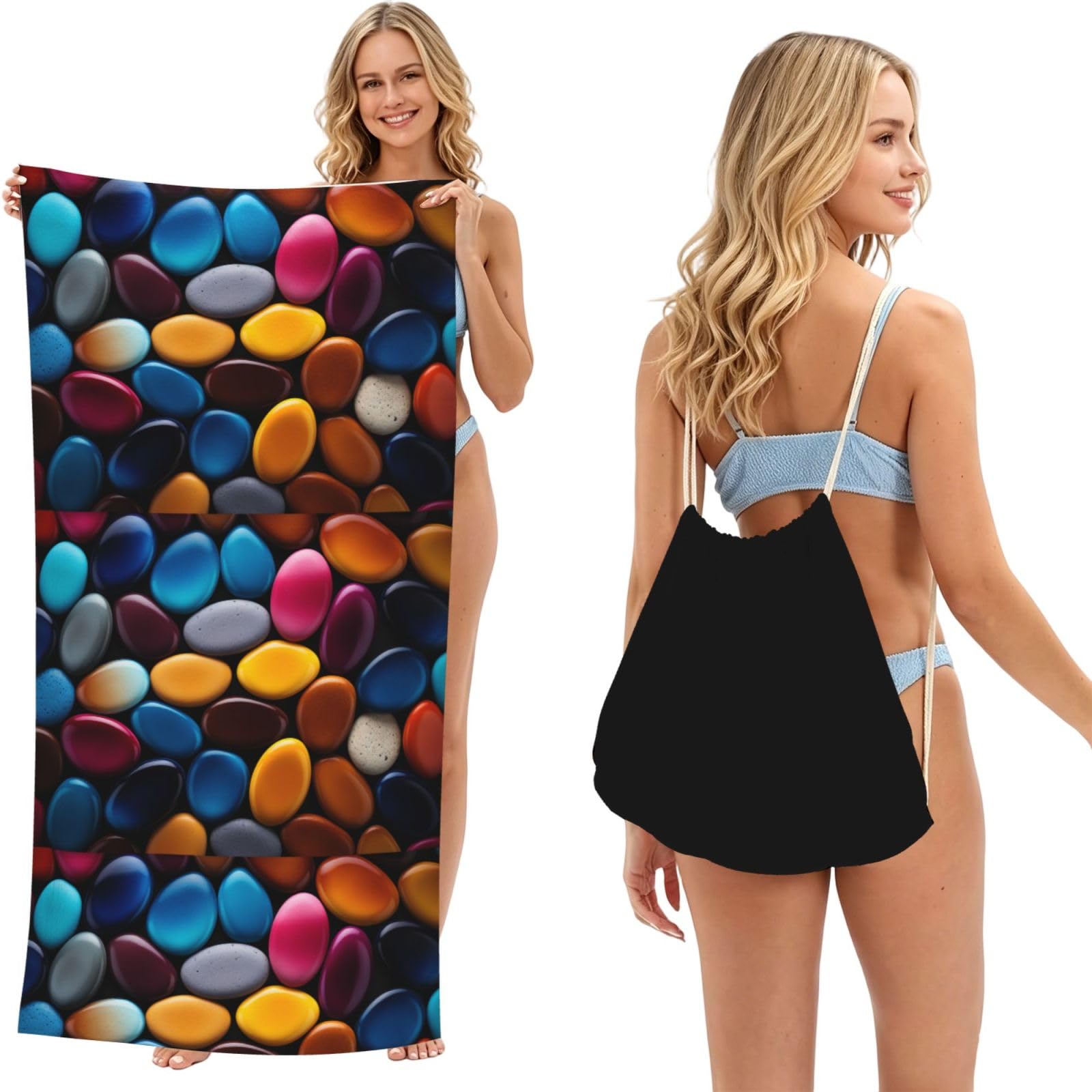 SKGOHLH Colorful stones. 2in1 Packable Beach Towel Bag Women