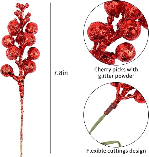 Miniatura 2 de DIYASY Tallos artificiales de bayas rojas, 20 piezas de 7.8 pulgadas con purpurina para adornos del árbol de Navidad, corona de Navidad, decoración
