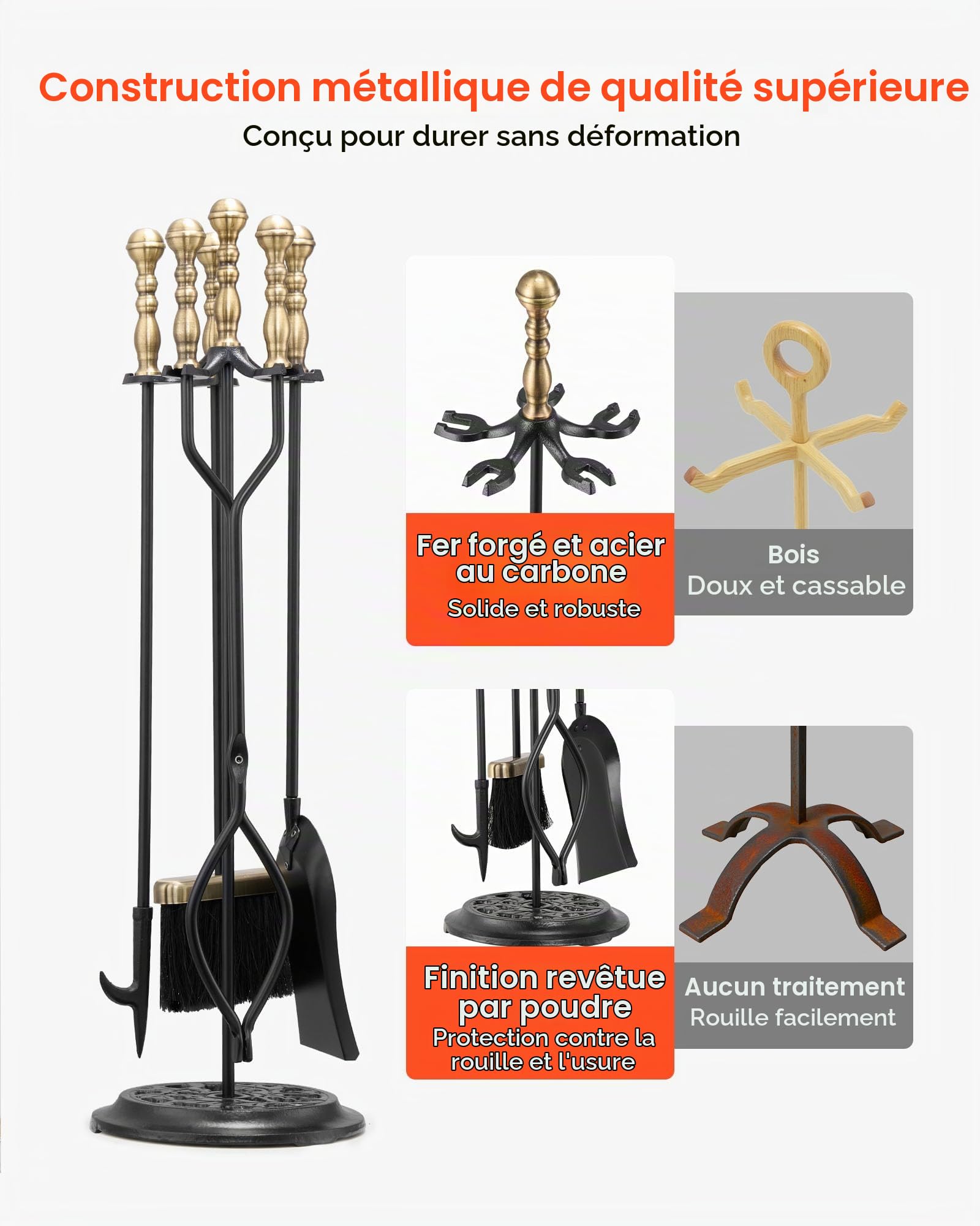 VEVOR Ensemble outils de cheminée 5 PCs, ensemble serviteur de cheminée en fer forgé avec support à cinq branches, pince, pelle à cendres, brosse, tisonnier, pour intérieur/extérieur, noir et laiton